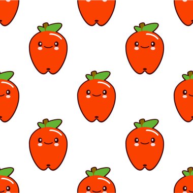 Beyaz arka plan üzerinde kırmızı elma tatlı meyve kawaii karakterler ile Seamless modeli. Düz tasarım