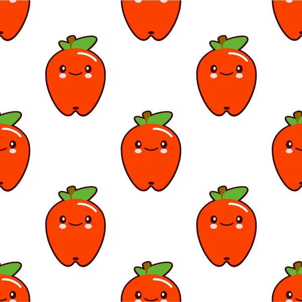 Naadloze patroon met rode appel schattig fruit kawaii tekens op een witte achtergrond. Platte ontwerp — Stockfoto