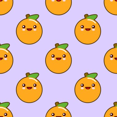 Portakal, mor zemin üzerine tatlı meyve kawaii karakterlerle seamless modeli. Düz illüstrasyon