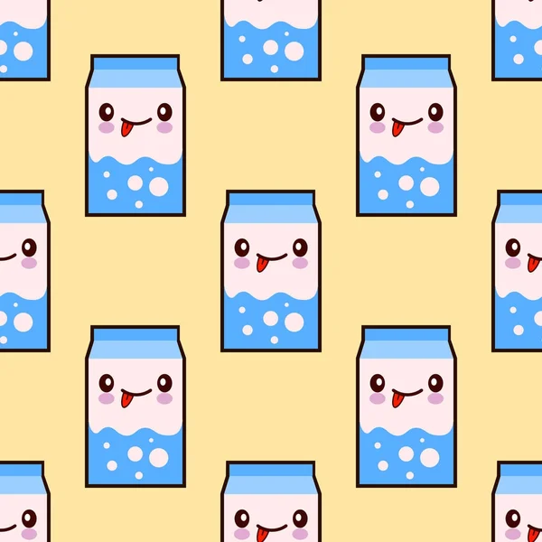 Milch Smiley Kawaii Zeichentrickfigur nahtlose Muster auf gelbem Hintergrund. Flachbild-Illustration — Stockfoto