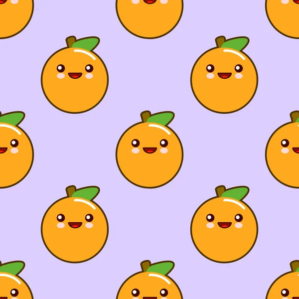 Sinaasappelen, naadloze patroon met schattige fruit kawaii tekens op paarse achtergrond. Vlakke afbeelding — Stockfoto
