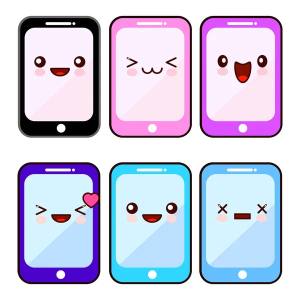 Kawaii för Happy smartphone tecknad teckenuppsättning. Mobil mobiltelefon med glada ansikte, enhet telefon för kommunikation. Platt design — Stockfoto