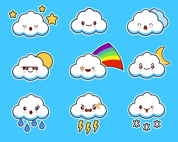 Desenhos animados bonito personagem nuvem kawaii com diferentes expressões faciais, emoções. Set, coleção de emoji em fundo azul. Ilustração de design plano —  Vetores de Stock