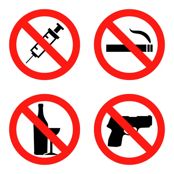 İşaretler No sigara yasaklayan, hayır uyuşturucu, hayır silah ve No alkol düz tasarım illüstrasyon
