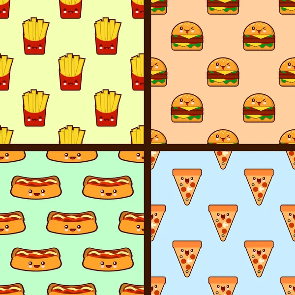 Conjunto de patrones de comida rápida sin costura caracteres kawaii. Diseño plano —  Fotos de Stock