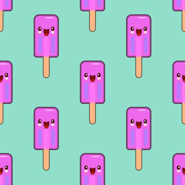 Dondurma gülen kawaii çizgi film karakteri seamless modeli yeşil zemin üzerine. Düz tasarım