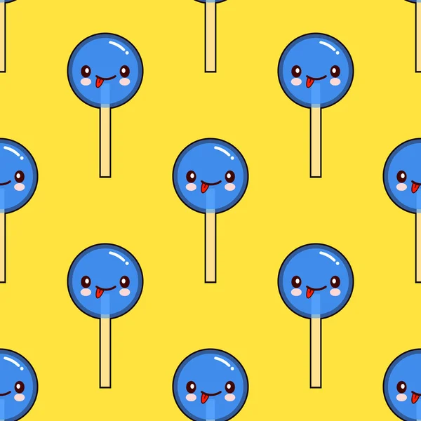 Dulces sin costuras. Carácter lollipop caramelo con caras kawaii felices sobre fondo amarillo. Diseño plano —  Fotos de Stock