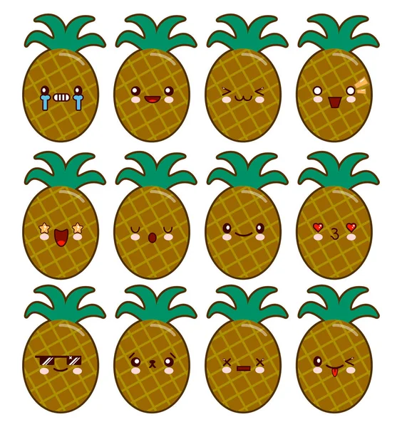 Personagem de desenho animado de abacaxi definido com emoções no rosto kawaii Ilustração plana — Fotografia de Stock