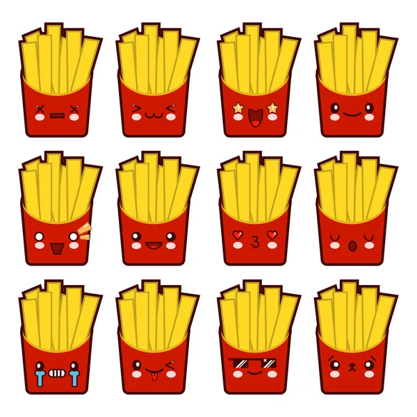 Emoji emoticon batatas fritas com muita variação Conjunto de kawaii face batatas fritas emoticons. Isolado em fundo branco. Design plano Ilustração — Fotografia de Stock