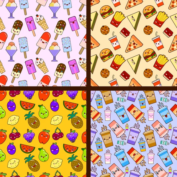 Set of food seamless patterns kawaii characters. Flat design — Stock Photo, Image