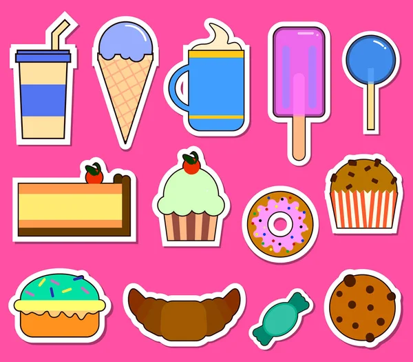 Festa grande conjunto com doces diferentes bolo, sorvete, donuts, cupcakes, barra de chocolate, doces. Design plano Vector Ilustração — Vetor de Stock