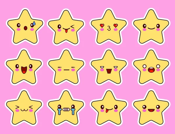 Kawaii yıldız karikatür karakter kümesi, yüzü gözü olan, pembe bir arka plan üzerinde sarı renk. Düz tasarlamak vektör çizim