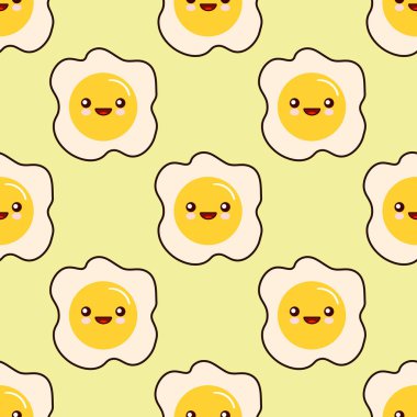Sahanda yumurta Sarı zemin üzerine Dikişsiz desen kawaii çizgi film karakteri seamless modeli karşı karşıyadır. Düz tasarım illüstrasyon