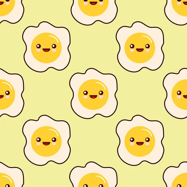 Uovo fritto affronta modello senza soluzione di continuità kawaii personaggio dei cartoni animati modello senza soluzione di continuità su sfondo giallo. Design piatto Illustrazione — Foto Stock