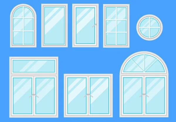 Serie di finestre con progetto diverso di strutture. Nuove finestre lucide con cornici bianche — Vettoriale Stock