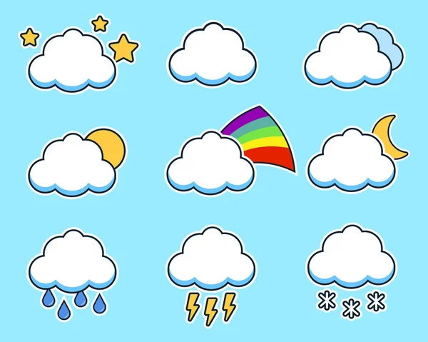 Iconos conjunto de nubes planas para su diseño sobre fondo azul. pronóstico del tiempo. ilustración vectorial — Archivo Imágenes Vectoriales