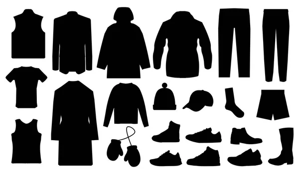 Férfi ruhák és tartozékok gyűjtemény - divat szekrény - vektor ikon silhouette illusztráció — Stock Vector
