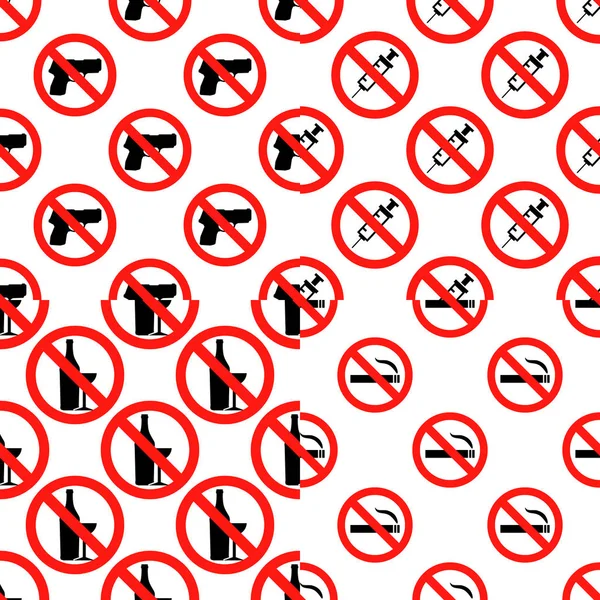 Nahtlose vorgegebene Muster mit Zeichen, die kein Rauchen, keine Drogen, keine Waffe und kein Alkohol flache Designvektorillustration enthalten — Stockvektor