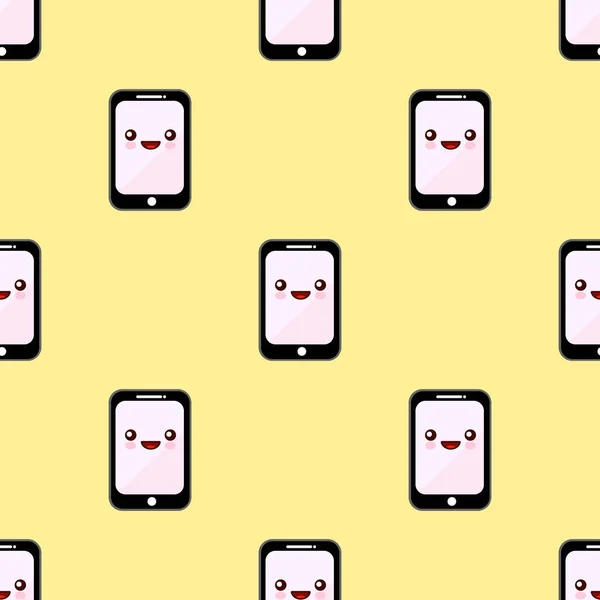 Varrat nélküli mintát smartphone rajzfilmfigurák vicces arcok. Kawaii vidám mobilok lapos kivitel illusztráció csoportja — Stock Fotó
