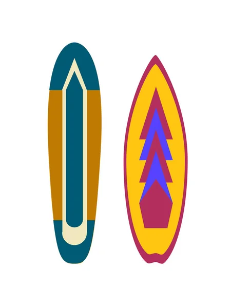 サーフボード。カラフルなサーフィン用具とトレンディな植物熱帯パターンとレタリング — ストックベクタ