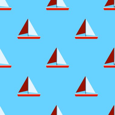 Yelken desenle kesintisiz deniz gemi ve mavi arka plan üzerinde bağlar. Deniz desen. Düz tasarım