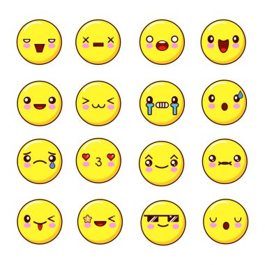 Küme ifadeleri gülümsüyor. Emoji kümesi. Düz tasarım, illüstrasyon
