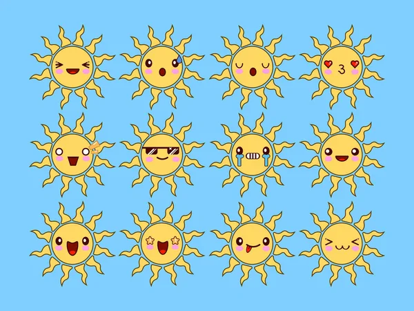 Ensemble de différents souriant soleil jaune isolé sur fond bleu, élément de conception. Illustration plate — Photo