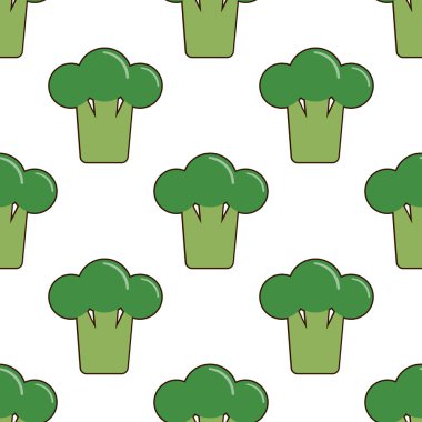 Vektör üzerinde beyaz izole karikatür brokoli ile seamless modeli. Parlak lezzetli sebze. Dergi, mutfak Tekstil, tebrik kartları, menü kapak, web sayfaları için kullanılan illüstrasyon.