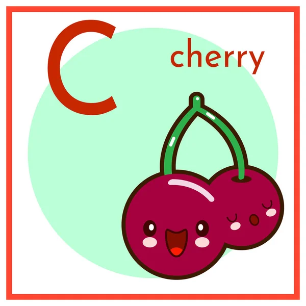 Cartoon Fruit Alphabet Flashcard. C sta per Cherry — Vettoriale Stock