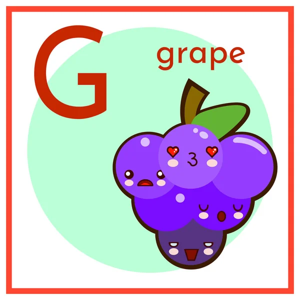 Cartoon Fruit Alphabet Flashcard. G è per Uva Piatto vettoriale illustrazione — Vettoriale Stock