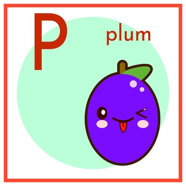 Cartoon Fruit Alphabet Flashcard. P est pour Plum Flat illustration vectorielle — Image vectorielle