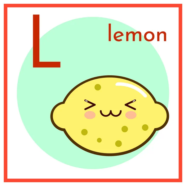 Cartoon Fruit Alphabet Flashcard. L is for Lemon Flat vector illustration — Stock Vector