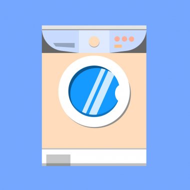 Mavi arka plan üzerinde çamaşır makinesi. Düz illüstrasyon