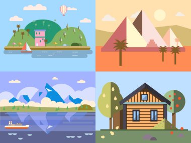 Renk vektör düz Icon set ve illüstrasyonlar kentsel ve köy manzara doğa dağlar, göl, tekne, tatil, güneş, ağaçlar, ev, fabrikaları, alan, şehir, fabrika, kirliliği, arabalar, gökdelenler