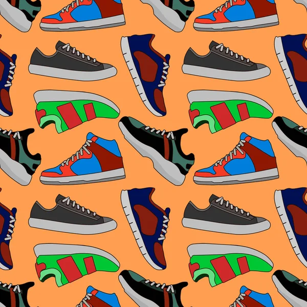 Fotos de zapatillas de color. Patrón sin costura vectorial con ilustración de calzado de calzado de moda — Vector de stock