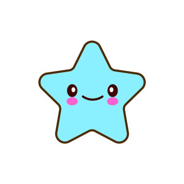 Duygusal yüzleri sevimli gülümsüyor yıldız. Vektör çizim gülümseme simgesi. Yüz emoji mavi kutsal kişilerin resmi. Şirin komik duygu izole yüz arka plan gülümsemek. Duygular, mesaj, sms için ifade.