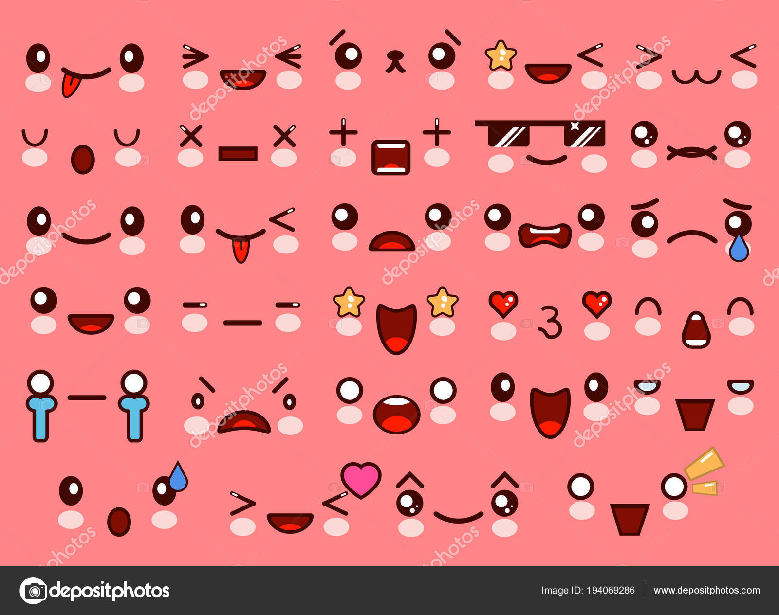 Kawaii cute smile emoticons and Japanese anime emoji faces expressions.  Vector cartoon style comic sketch icons set Stock Vector Image by  ©Feng88@ #194069286