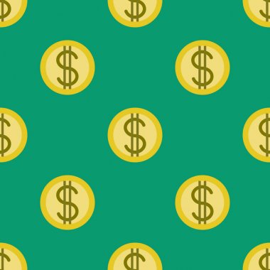 Dolar işareti seamless modeli ile altın sikke. Kripto-döviz piyasasında. Yeşil zemin üzerine para simgeleri
