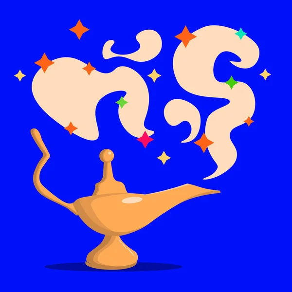 Gouden magische lamp. Fabel. Arabische sprookje. Succes. Concept van de rijkdom. Cartoon vectorillustratie. Drie wensen. Oost-cultuur — Stockvector