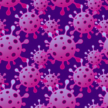 Virüslü kusursuz desen. Koyu arkaplanda Coronavirus ve mor bir Cauvid 19. Vektör illüstrasyonu.