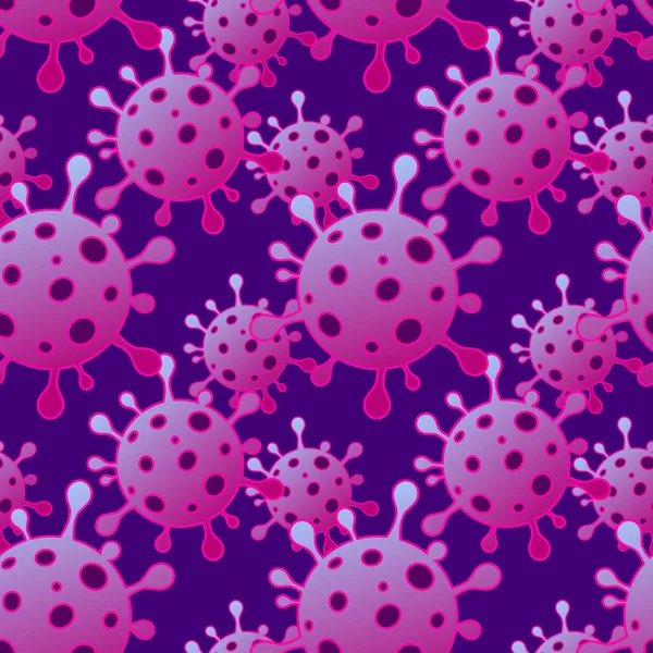 Nahtloses Muster mit Viren. Coronavirus auf dunklem Hintergrund mit violettem Covid 19. Vektorillustration. — Stockvektor