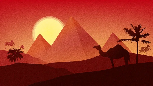 Ägyptens Pyramidenlandschaft. Afrikanische Wüste, Pyramiden am Horizont Sonnenuntergang, eine Silhouette kam Vektor Illustration EPS — Stockvektor