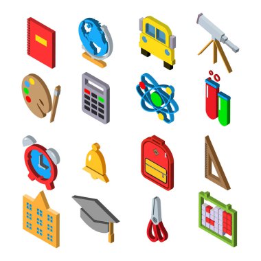 Okul simgeleri ayarlandı. Beyaz arkaplan EPS üzerinde izole edilmiş okul vektör simgelerinin Isometric 3d illüstrasyonu