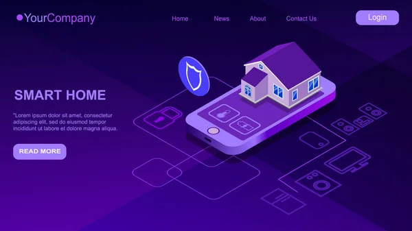 Smartphone inteligente controlado por el hogar. Internet de las cosas la tecnología del sistema domótico. Pequeña casa de pie en la pantalla del teléfono móvil y conexiones inalámbricas con iconos de dispositivos electrónicos para el hogar. iot — Vector de stock