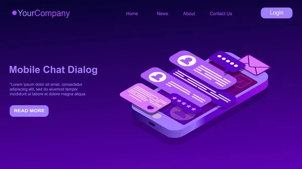 Mensaje de texto isométrico, diálogo de chat móvil, concepto de mensajero, teclado del teléfono móvil, chatbot, soporte en línea, aplicación de retroalimentación oscuro vector de neón de fondo EPS — Vector de stock