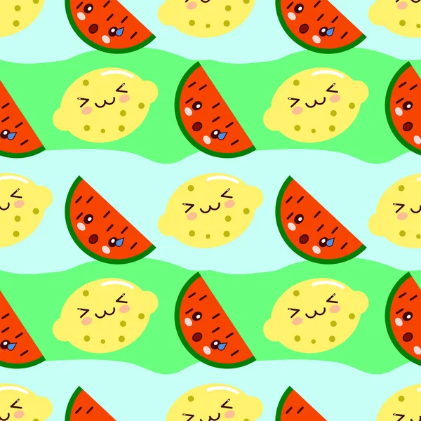 Karikatur kindische Früchte von Zitrone und Wassermelone im Kawaii-Stil, mit lächelnden Gesichtern, Blüten aus Zitrone und grünen Blättern, nahtloser Vektorhintergrund EPS — Stockvektor