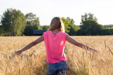 Sırtı dönük bir kız yaz köyünde buğday tarlasında yürüyor.