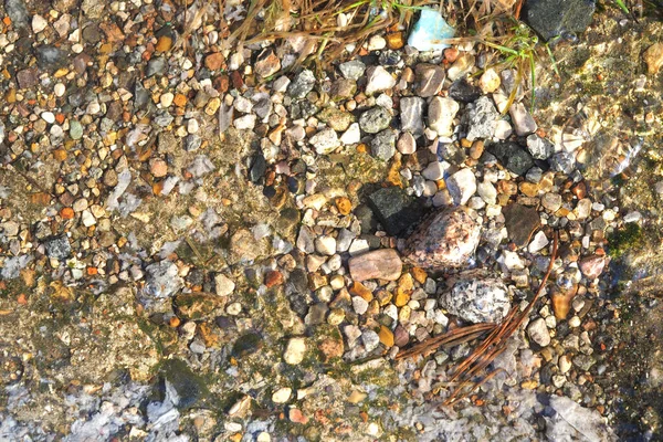 Temiz su katmanlarının altında küçük çakıl taşları ve kum. Üst görünüm, yakın çekim — Stok fotoğraf