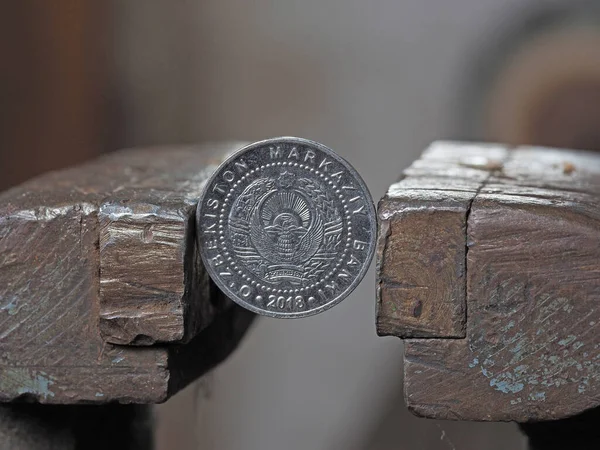 Uzbecká Mince Sevřela Kovovém Svěráku Měna Uzbekistán Hospodářství Pod Náporem — Stock fotografie