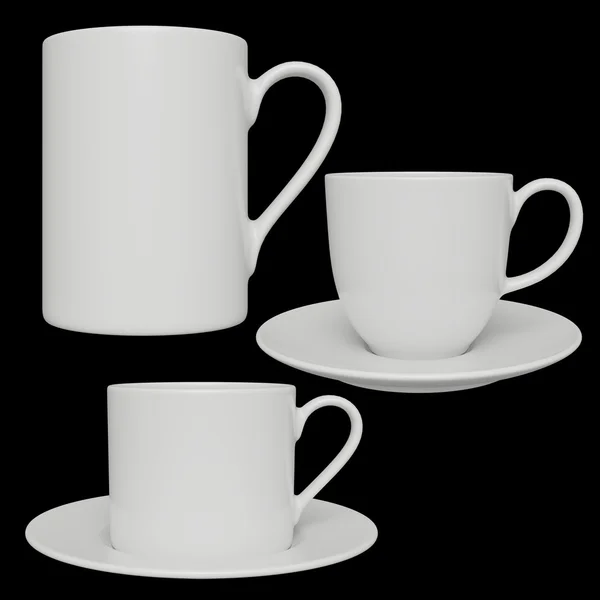 Siyah arka plan üzerine çeşitli beyaz kahve fincanı topluluğu — Stok fotoğraf